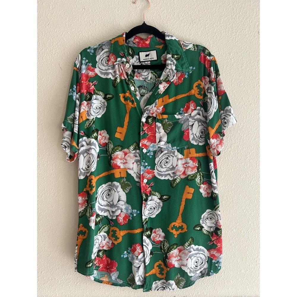 Maison Noir Mens M Green Floral Shirt Hawaiian Rose Key Baroque Short Sleeve